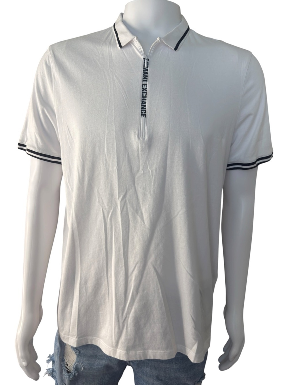 Armani Exchange White Polo with Navy Trim and Zip